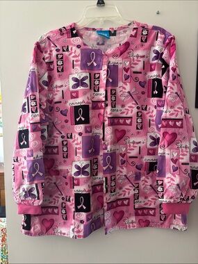Smart Scrubs Pink Ribbon Print Pajama-Style Scrub Jacket